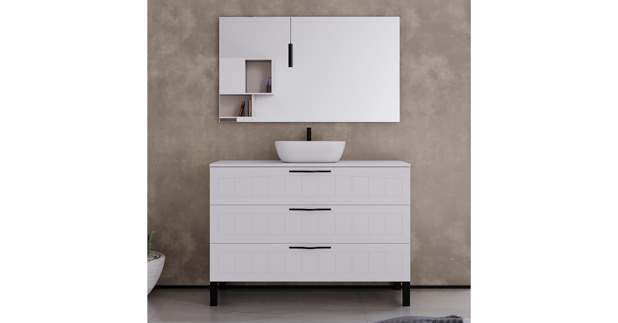 Meuble de salle de bain 3 tiroirs avec plateau et vasque à poser ovale